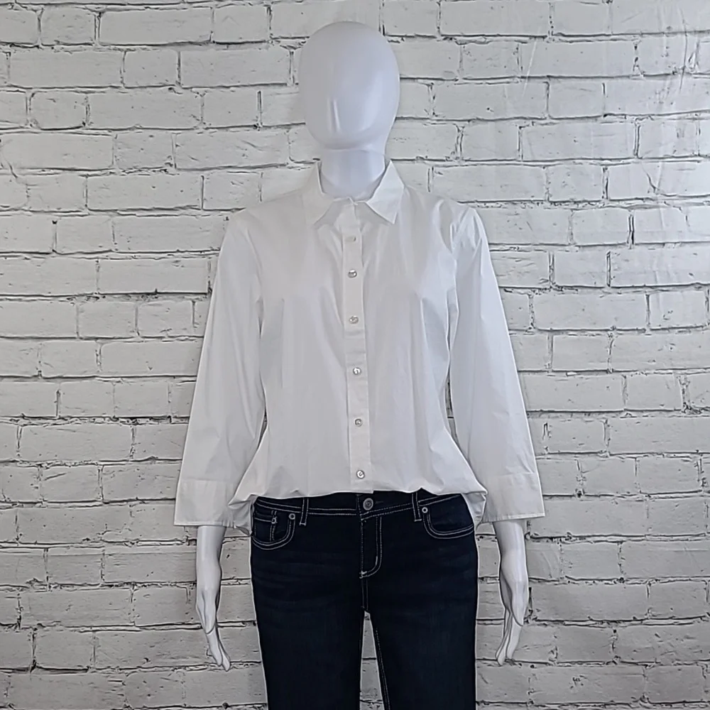 J Crew Stretch Cotton Perfect Fitted Button Front 3/4 Sleeve Blouse/Shirt White